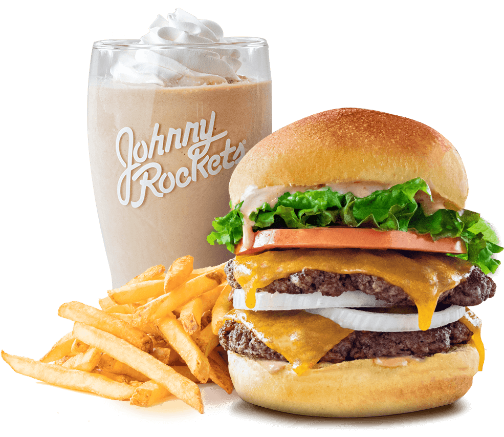 Hamburguesa doble, malteada y papas Johnny Rockets